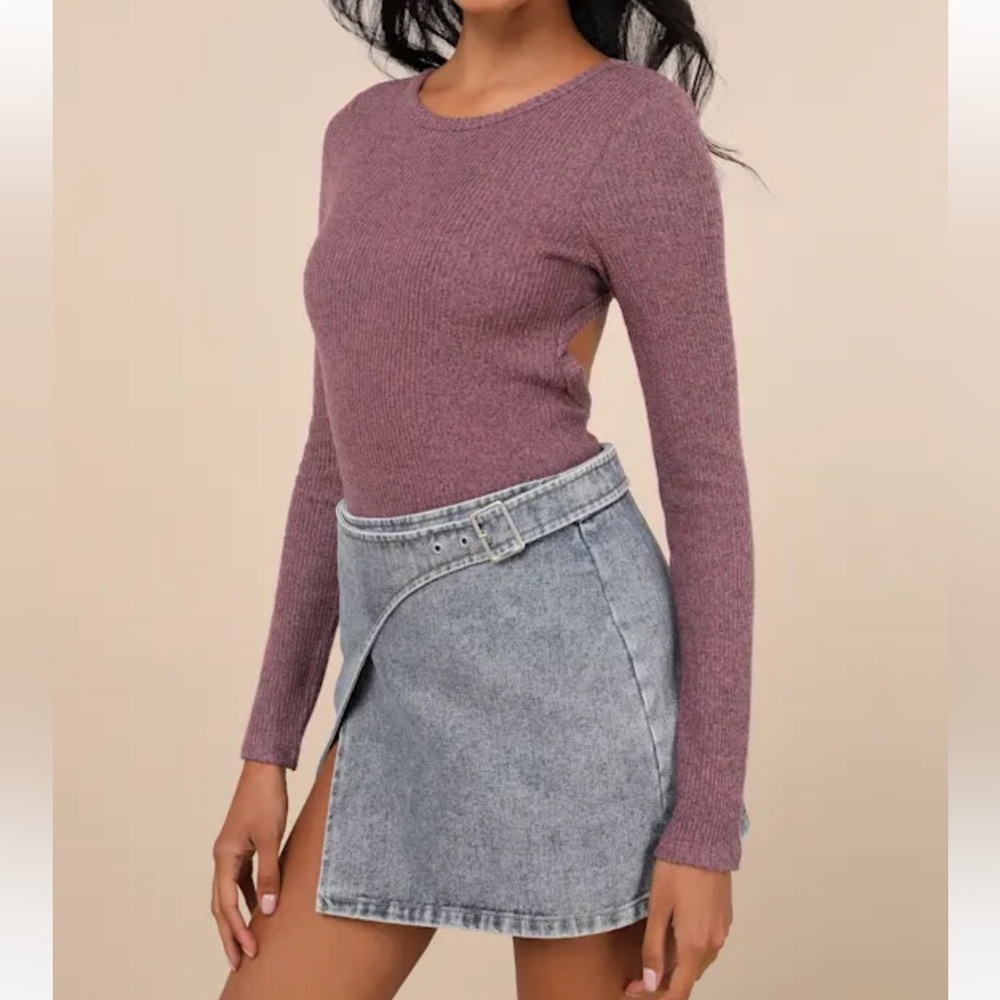 NWT Lulus Everyday Babe Heather Purple Ribbed Long Sleeve Cutout Bodysuit - SM